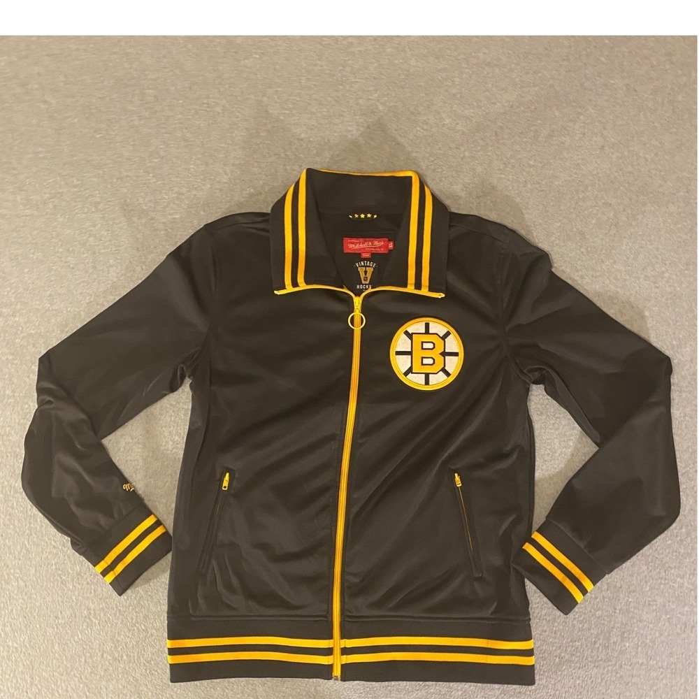 Mitchell & Ness Boston Bruins Vintage Hockey Track Jacket Womens XL Black Yellow